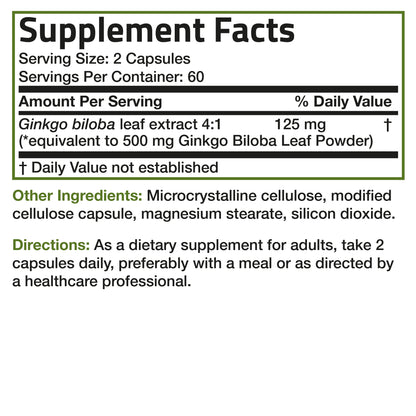 Ginkgo Biloba Extra Strength 500 Mg - Boost Brain Function & Memory Support, 120 Vegetarian Capsules