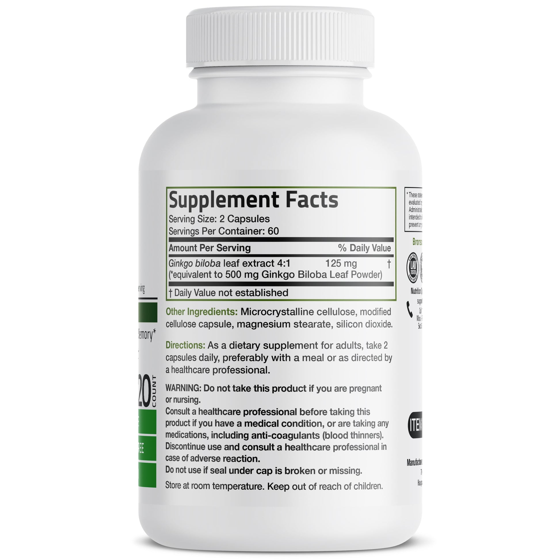 Ginkgo Biloba Extra Strength 500 Mg - Boost Brain Function & Memory Support, 120 Vegetarian Capsules