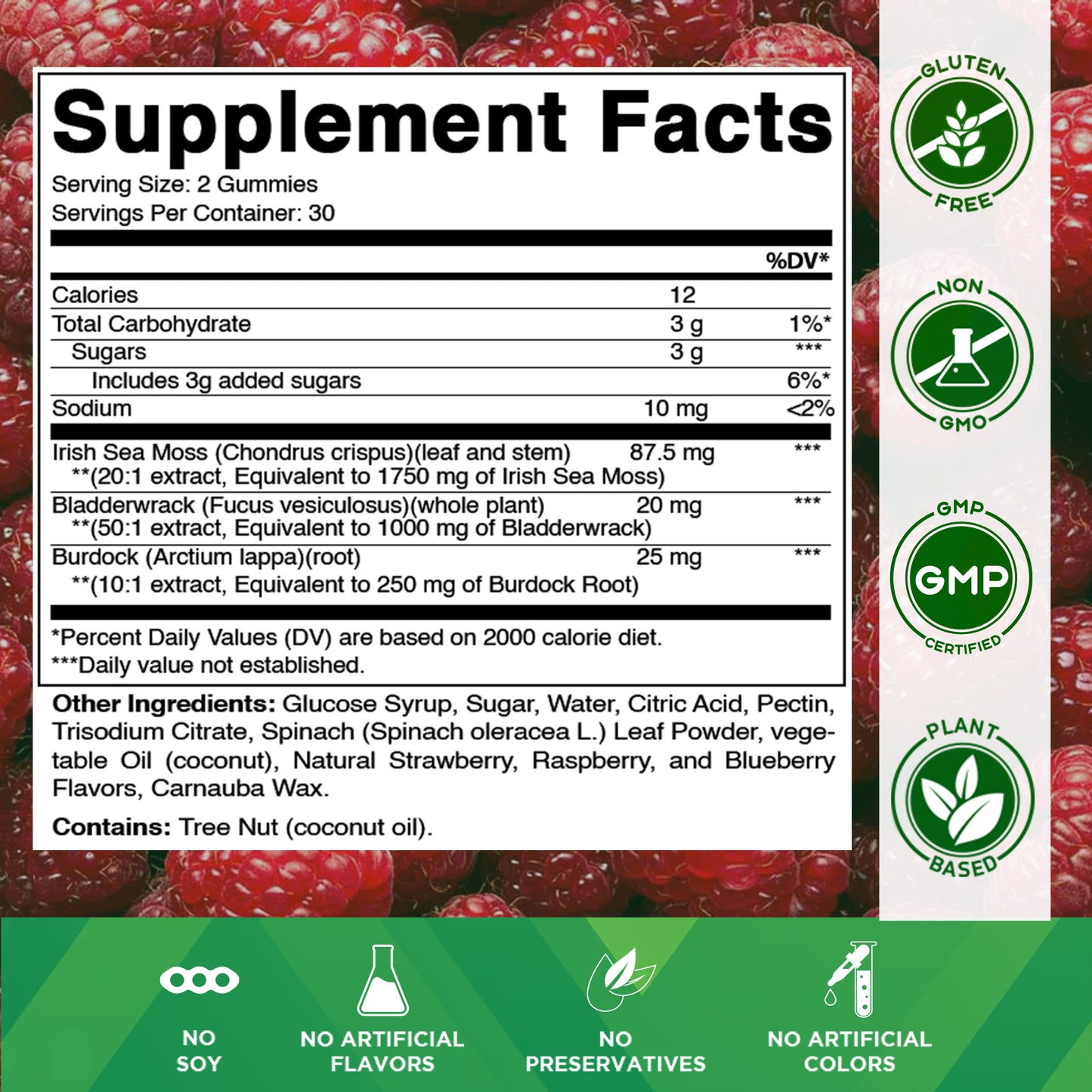 Irish Sea Moss Gummies - 3000 Mg - 60 Vegan Gummies - Made with Bladderwrack & Burdock Root - Seamoss Supplement for Thyroid, Energy, Immune Support