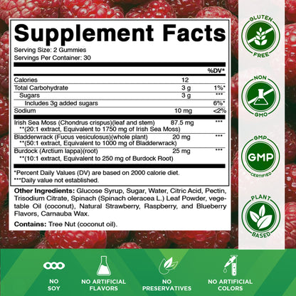 Irish Sea Moss Gummies - 3000 Mg - 60 Vegan Gummies - Made with Bladderwrack & Burdock Root - Seamoss Supplement for Thyroid, Energy, Immune Support