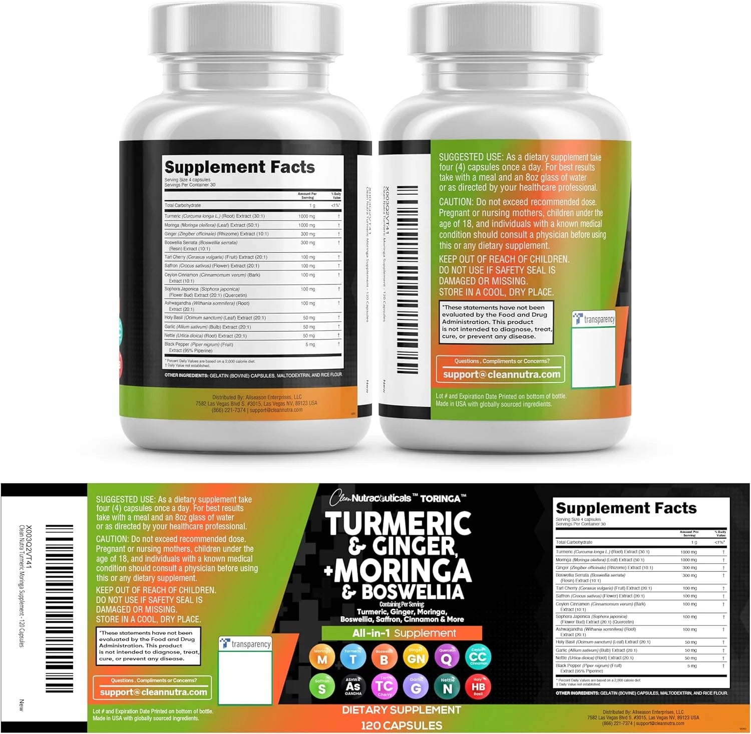 Turmeric Curcumin 30000Mg Ginger 3000Mg Moringa 50000Mg Boswellia 3000Mg Saffron 2000Mg - Joint Support Supplement for Women and Men with Ceylon Cinnamon, Quercetin, Tart Cherry - 120 Caps