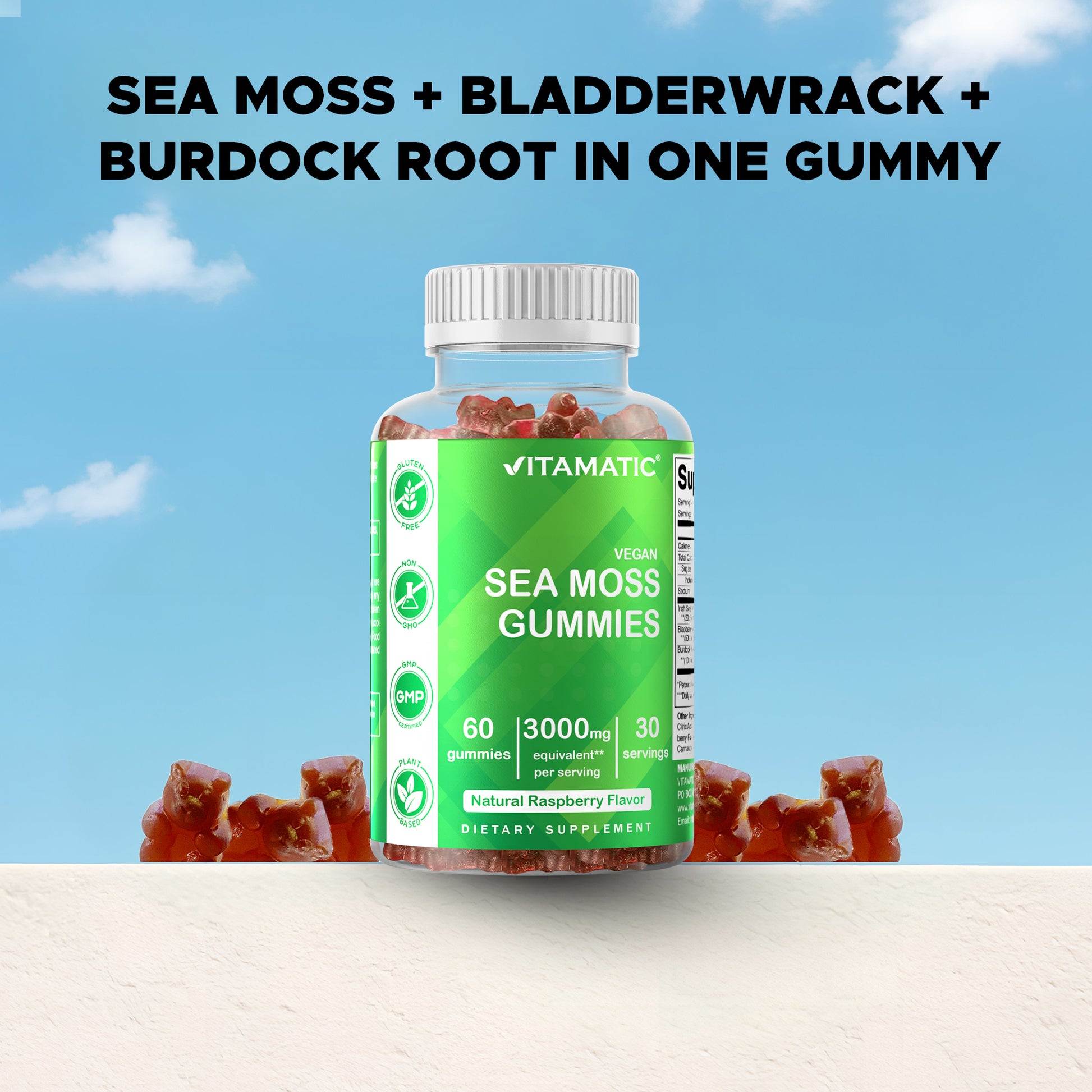 Irish Sea Moss Gummies - 3000 Mg - 60 Vegan Gummies - Made with Bladderwrack & Burdock Root - Seamoss Supplement for Thyroid, Energy, Immune Support